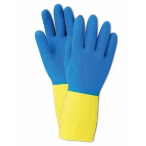 Перчатки хозяйственные латексные для мытья посуды, для уборки, для садовых работ, резиновые латексные, размер L, сине-желтые