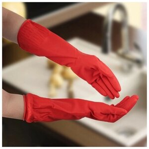 Перчатки хозяйственные резиновые Доляна, размер L, длинные манжеты, 90 гр, цвет красный