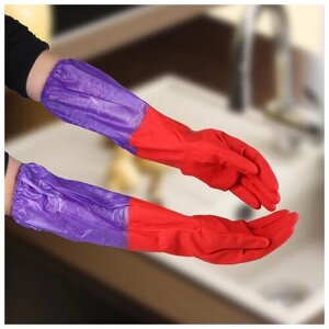 Перчатки хозяйственные резиновые с утеплителем Доляна, размер L, длинные манжеты, 110 гр, цвет красный