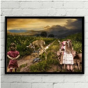 Постер "Дети в поле с оленями" Cool Eshe из коллекции "Природа", плакат А3