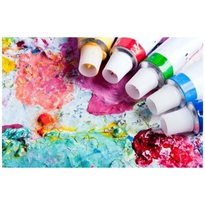 Постер на холсте Тюбики с яркими красками на палитре 46см. x 30см.