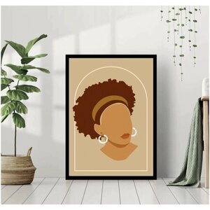 Постер В рамке "Лицо африканской женщины с повязкой на голове. Минимализм. Стиль бохо" 40 на 50 (черная рама) / Картина для интерьера / Плакат