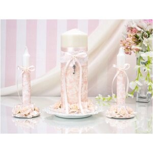 Роскошный набор свадебных свечей для домашнего очага на свадьбу "Шебби Шик" с узорами и декором из розового атласа, белого кружева, латексных розочек