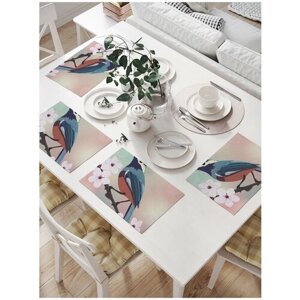 Салфетки на стол для сервировки прямоугольные, плейсмат JoyArty "Птичка на ветке цветов", 32x46 см, в комплекте 4шт.