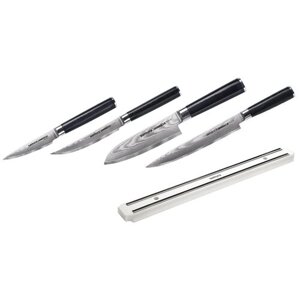 SD-0245МБД набор из 4-х ножей, овощной, универсал-стейковый, сантоку, слайсер и магнитный держатель белого цвета