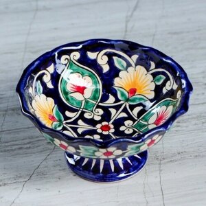 Шафран Конфетница Риштанская Керамика "Цветы", 13 см, синяя