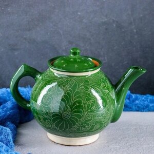 Шафран Заварочный чайник Риштанская керамика Узоры, 1000 мл, 1 л, зеленый