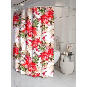 Штора для ванной "Красный цветок и птица",170x200 см с кольцами