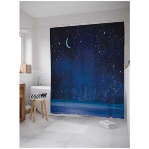 Штора водоотталкивающая для ванной, занавеска в ванную комнату тканевая JoyArty "Тонкий месяц и звезды", 180х200 см