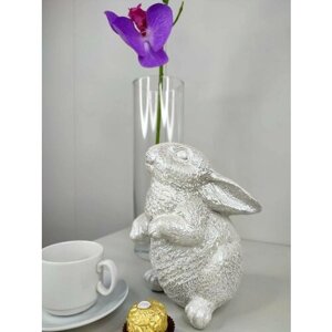 Статуэтка интерьерная Заяц Кролик в декоре "White Silver"Белое Серебро"гипсовая фигурка декоративная для дома, сувенир