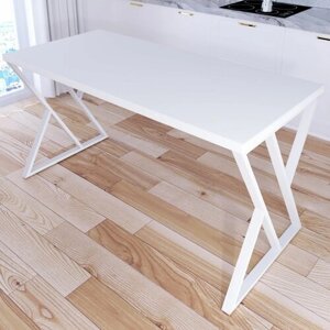 Стол кухонный Loft со столешницей белого цвета из массива сосны 40 мм и белыми металлическими Z-образными ножками, 130х70х75 см