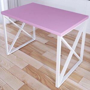 Стол кухонный Loft со столешницей розового цвета из массива сосны 40 мм и белыми металлическими крестообразными ножками, 100х80х75 см