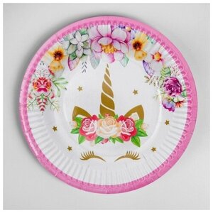 Страна Карнавалия Тарелка бумажная «Единорог и цветы», набор 6 шт, цвет розовый