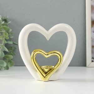SUI Подсвечник керамика на 1 свечу "Сердце в сердце" белое с золотом 12,7х5,5х12,2 см