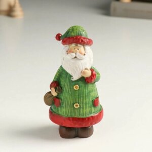 Сувенир полистоун "Дед Мороз в зелёной шубе и колпаке, с мешком"
