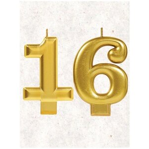Свеча для торта цифра " 16 " 8 см золото 16 лет