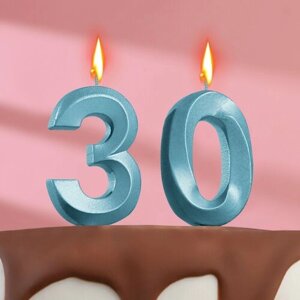 Свеча в торт юбилейная "Грань"набор 2 в 1), цифра 30, голубой металлик, 6,5 см