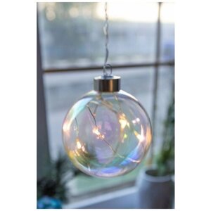 Светящийся ёлочный шар, стекло, 4 тёплых белых микро LED-огня, 8 см, батарейки, Peha Magic