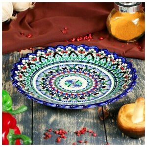 Тарелка Риштанская Керамика "Цветы", синяя, рельефная, 23 см