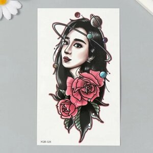 Татуировка на тело чёрная, цветная "Девушка, космос и розы" 12х18.8 см