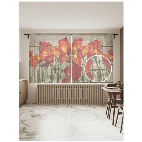 Тюль для кухни и спальни JoyArty "Цветущие тюльпаны", 2 полотна со шторной лентой шириной по 145 см, высота 180 см.
