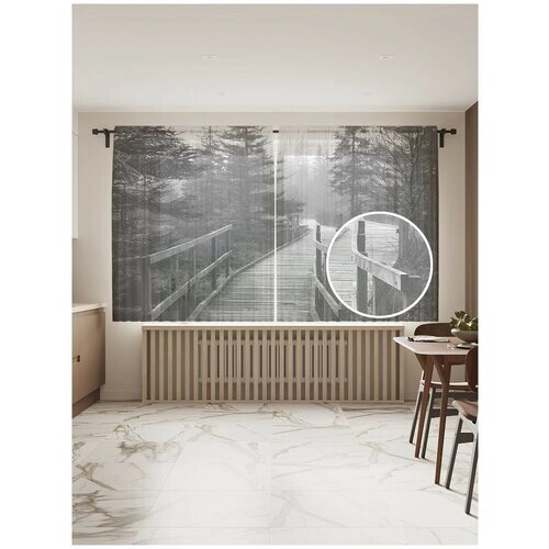 Тюль для кухни и спальни JoyArty "Еловый бор", 2 полотна со шторной лентой, 145x180 см.