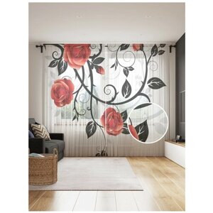 Тюль для кухни и спальни JoyArty "Колючие розы", 2 полотна со шторной лентой шириной по 145 см, высота 265 см.