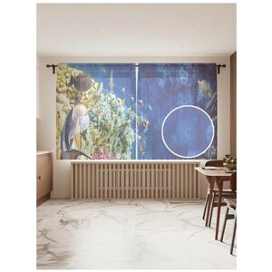 Тюль для кухни и спальни JoyArty "Коралловое путешествие", 2 полотна со шторной лентой шириной по 145 см, высота 180 см.