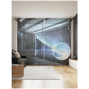 Тюль для кухни и спальни JoyArty "Космический полет", 2 полотна со шторной лентой шириной по 145 см, высота 265 см.