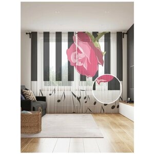 Тюль для кухни и спальни JoyArty "Музыкальная роза", 2 полотна со шторной лентой шириной по 145 см, высота 265 см.