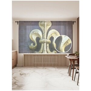 Тюль для кухни и спальни JoyArty "Орнамент из золота", 2 полотна со шторной лентой, 145x180 см.