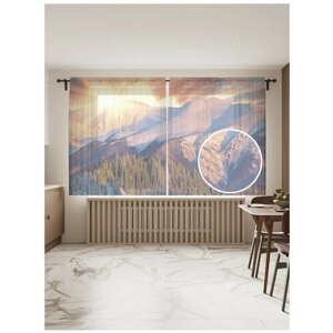 Тюль для кухни и спальни JoyArty "Рассвет на вершинах", 2 полотна со шторной лентой шириной по 145 см, высота 180 см.