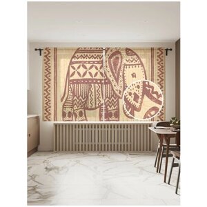 Тюль для кухни и спальни JoyArty "Слон в орнаменте", 2 полотна со шторной лентой, 145x180 см.