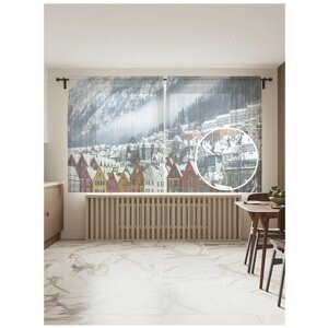 Тюль для кухни и спальни JoyArty "Заснеженный город", 2 полотна со шторной лентой шириной по 145 см, высота 180 см.