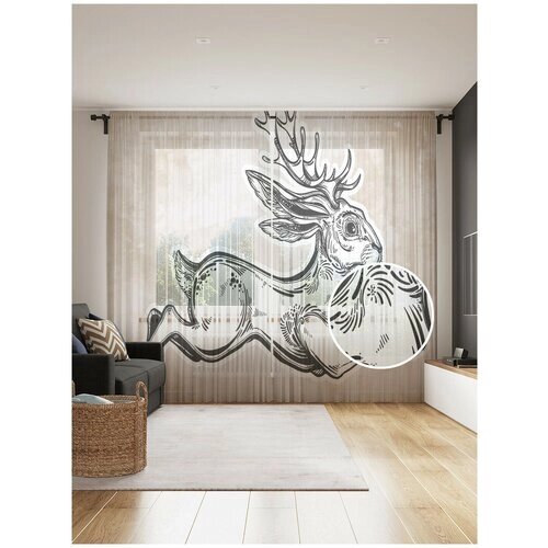 Тюль для кухни и спальни JoyArty "Заяц-олень", 2 полотна со шторной лентой шириной по 145 см, высота 265 см.