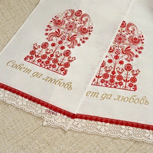 Венчальный, свадебный рушник на свадьбу и венчание с вышивкой "Красная горка" льняной