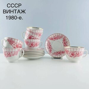 Винтажный набор чайных пар "Розовые цветы"Фарфор ЛФЗ. СССР, 1980-е.