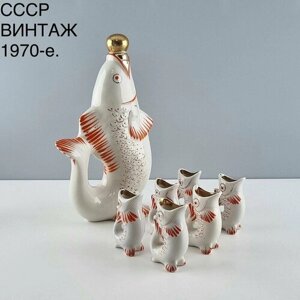 Винтажный набор (графин, стопки) Рыбки"Фарфор Полонский ЗКХ, золочение. СССР, 1970-е.