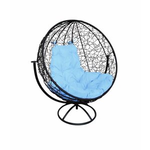Вращающееся кресло M-group круг с ротангом чёрное голубая подушка