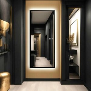 Зеркало Alias Квартал 170*60 в чёрной алюминиевой раме с холодной LED-подсветкой и часами