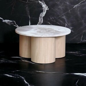 Журнальный столик с минеральным камнем Лейна лофт белый 60х60, дизайнерский кофейный столик в гостиную, обеденный круглый стол