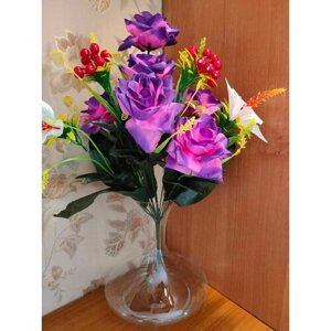 Букет искусственных цветов для интерьера "Розово-фиолетовые розы с гибискусом"1 букет, 11 веток, высота 54см