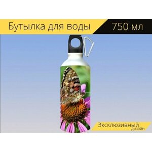 Бутылка фляга для воды "Бабочка, павлиний глаз, бабочки" 750 мл. с карабином и принтом