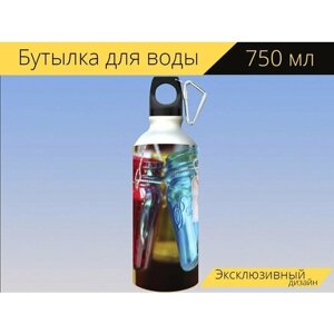 Бутылка фляга для воды "Банки, стекло, цветной" 750 мл. с карабином и принтом