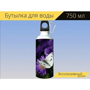 Бутылка фляга для воды "Цветок, фиолетовый, природа" 750 мл. с карабином и принтом