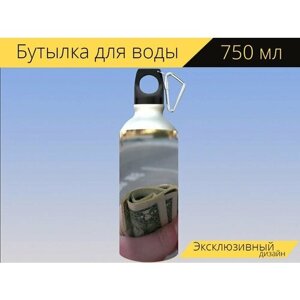Бутылка фляга для воды "Деньги, счета, бумажные деньги" 750 мл. с карабином и принтом