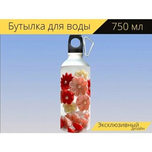 Бутылка фляга для воды "Канзаши, украшения для волос, кимоно" 750 мл. с карабином и принтом