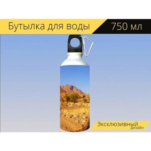 Бутылка фляга для воды "Кусты, горные породы, зеленый" 750 мл. с карабином и принтом