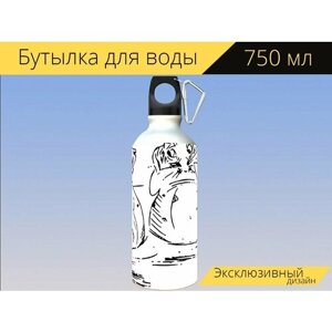 Бутылка фляга для воды "Набросок, рисование, выдра" 750 мл. с карабином и принтом