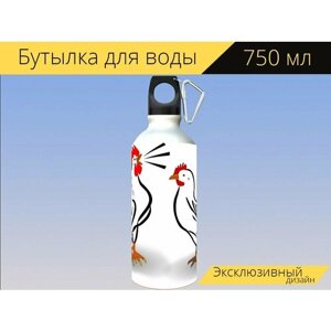Бутылка фляга для воды "Петух, бидди, курица" 750 мл. с карабином и принтом